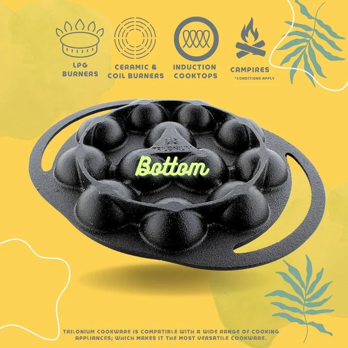 Trilonium  Cast Iron Infinity Paniyarakkal 12pits + Glass Lid
