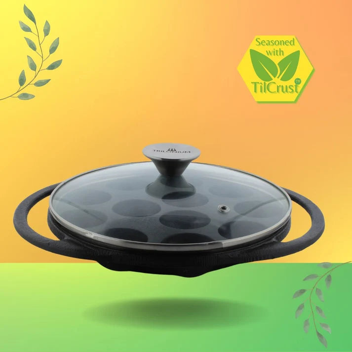 Trilonium  Cast Iron Infinity Paniyarakkal 12pits + Glass Lid