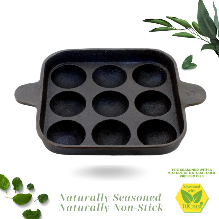 Trilonium Pre-Seasoned Cast Iron Pan (9 Pits | Square Paniyaram Pan)