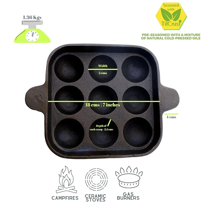 Trilonium Pre-Seasoned Cast Iron Pan (9 Pits | Square Paniyaram Pan)