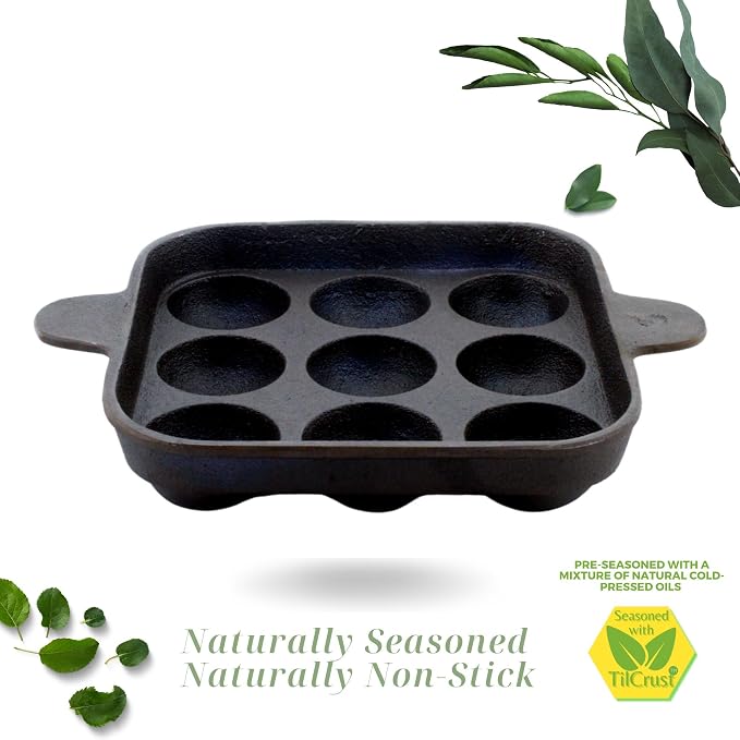 Trilonium Pre-Seasoned Cast Iron Pan (9 Pits | Square Paniyaram Pan)