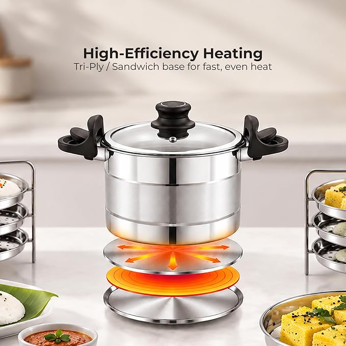 JVL Strainer Pot + Glass Lid + Stand + 3 Idli Plates + 3 Steamer/Dhokla Plates