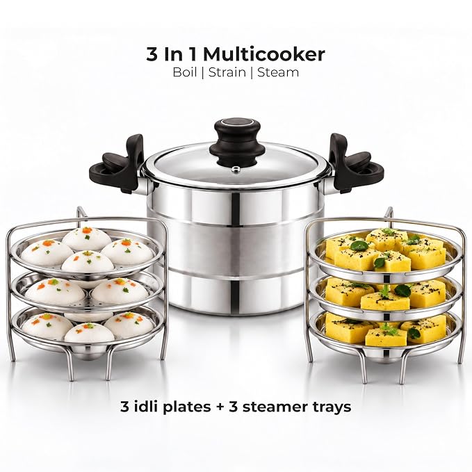 JVL Strainer Pot + Glass Lid + Stand + 3 Idli Plates + 3 Steamer/Dhokla Plates