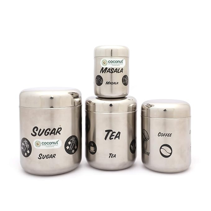 Stainless Steel Canister Set:  Tea/ Coffee/ Sugar/ Masala