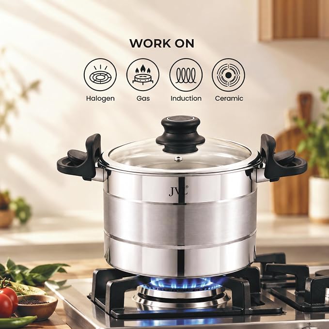 JVL Strainer Pot + Glass Lid + Stand + 3 Idli Plates + 3 Steamer/Dhokla Plates