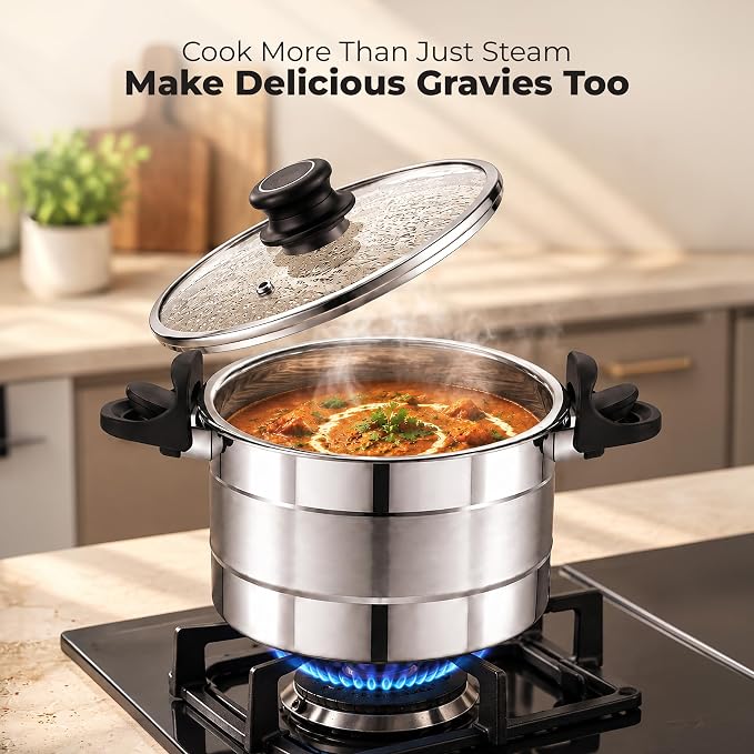 JVL Strainer Pot + Glass Lid + Stand + 3 Idli Plates + 3 Steamer/Dhokla Plates