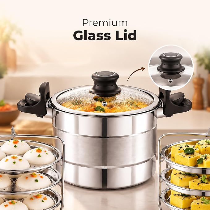 JVL Strainer Pot + Glass Lid + Stand + 3 Idli Plates + 3 Steamer/Dhokla Plates