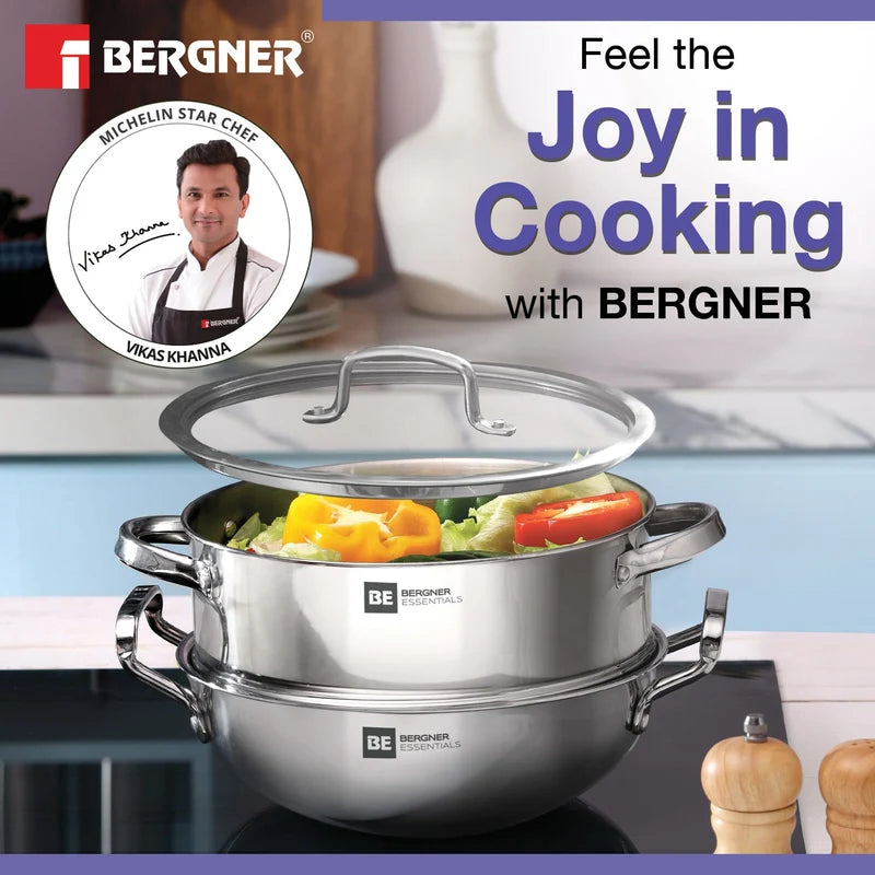 Bergner Essential Triply Multi Kadai  With Steamer G.Lid