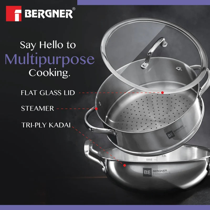 Bergner Essential Triply Multi Kadai  With Steamer G.Lid