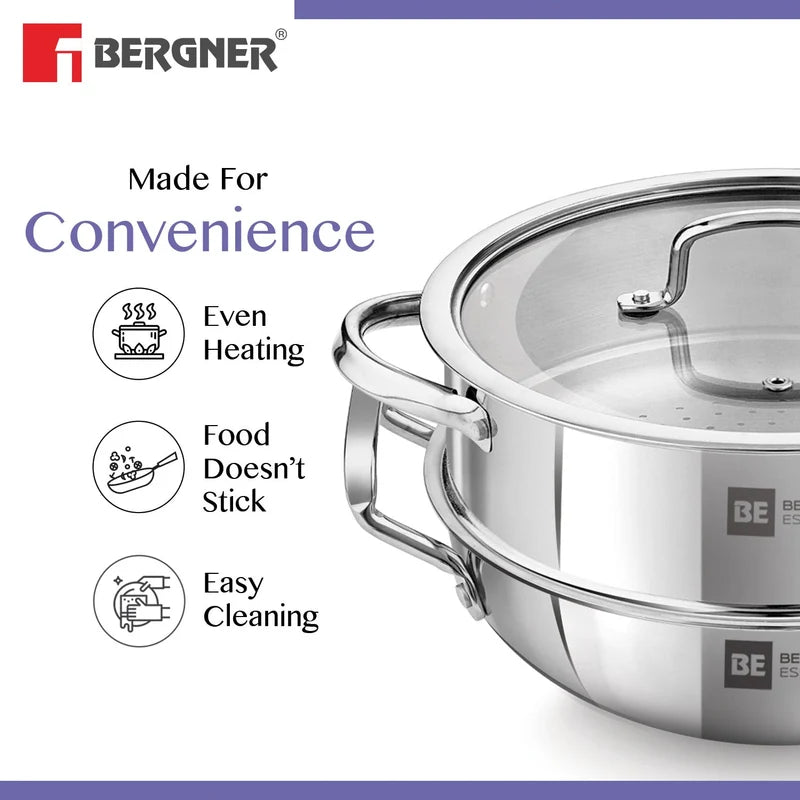 Bergner Essential Triply Multi Kadai  With Steamer G.Lid
