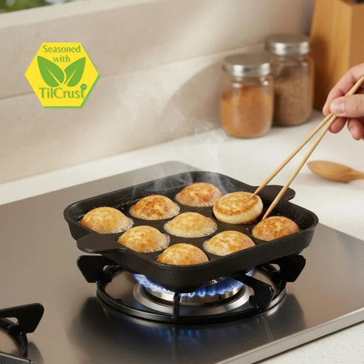 Trilonium Pre-Seasoned Cast Iron Pan (9 Pits | Square Paniyaram Pan)