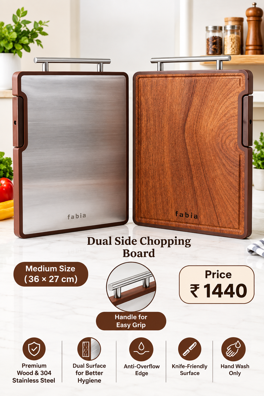 Dual Side Chopping Board - (Steel & Wood)