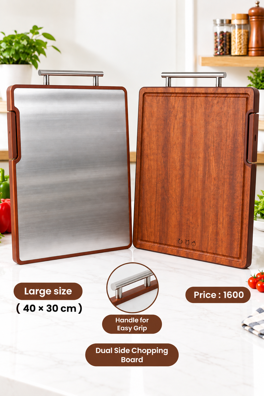 Dual Side Chopping Board - (Steel & Wood)