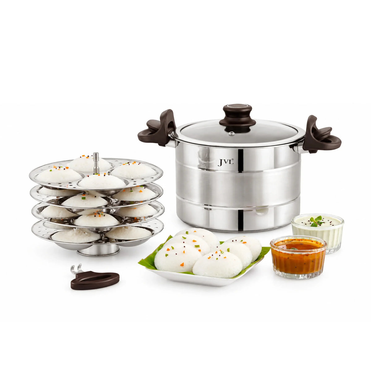 JVL Strainer Pot + Glass Lid + 4 Idli Plates