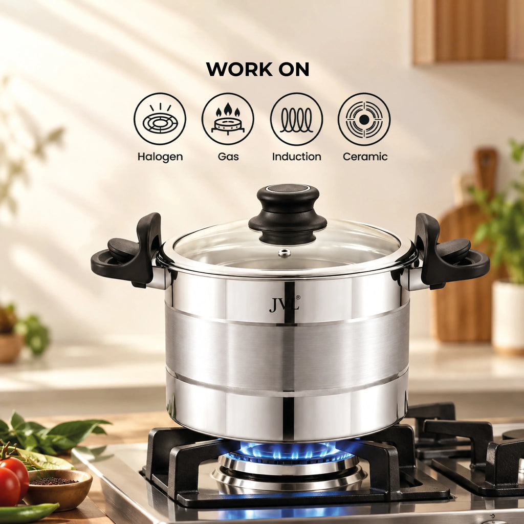 JVL Strainer Pot + Glass Lid + 4 Idli Plates