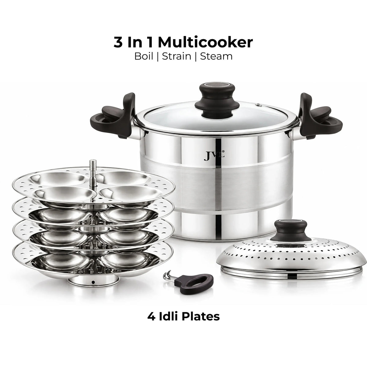 JVL Strainer Pot + Glass Lid + 4 Idli Plates